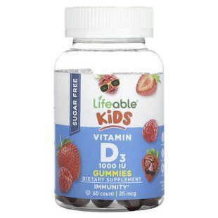 Lifeable Kids Vitamin D3 Sugar Free 25 mcg (1,000 IU) 60 жувальних цукерок LFB-73117 фото