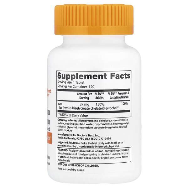 Doctor's Best High Absorption Iron with Ferrochel 27 mg 120 таблеток DRB-00459 фото
