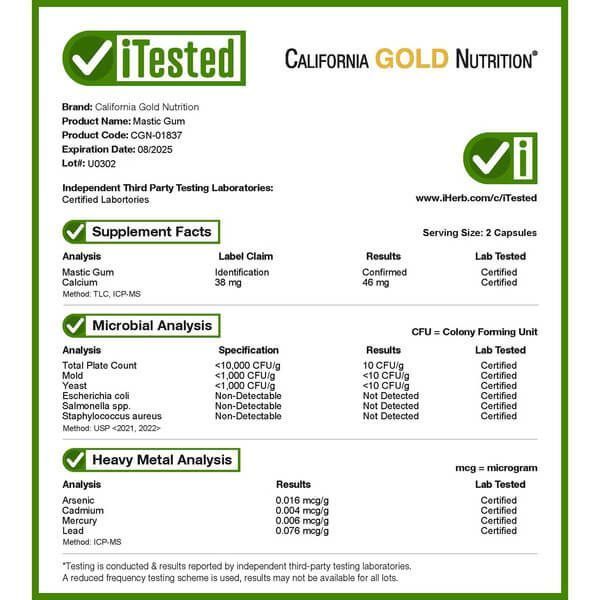 California Gold Nutrition Mastic Gum 500 mg 60 вегетаріанських капсул CGN-01837 фото