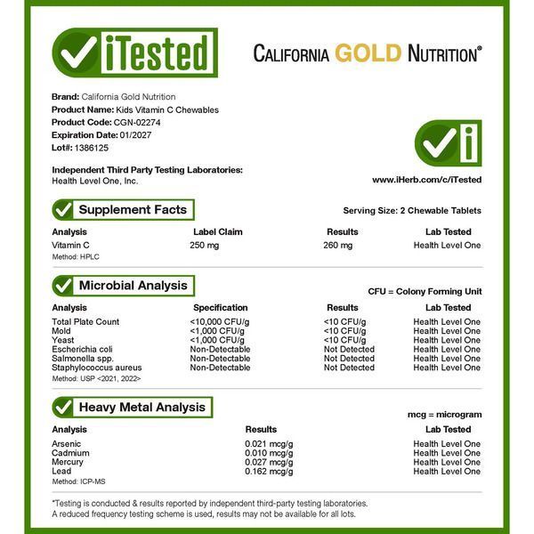 California Gold Nutrition Chewable Vitamin C with Bioflavonoid Complex for Children 90 вегетаріанських жувальних таблеток CGN-02274 фото