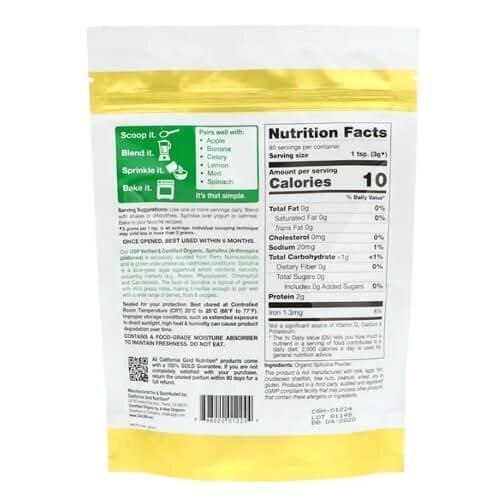 Органічна спіруліна, супер фуд, California Gold Nutrition Organic Spirulina Powder 240 грамм CGN-01224 фото