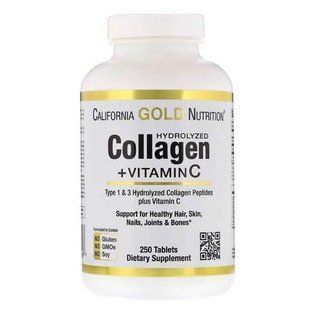 Коллаген, California Gold Nutrition Hydrolyzed Collagen + Vitamin C Type 1 & 3 250 таб CGN-01178 фото