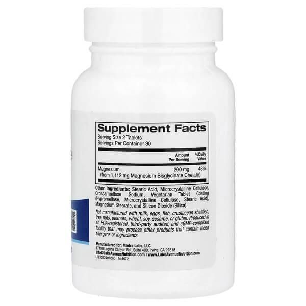 Магній бісгліцинат-хелат, Lake Avenue Nutrition Magnesium Bisglycinate 200 mg 60 таблеток LKN-001672 фото