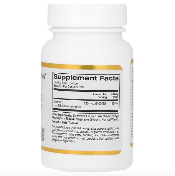 Вітамін D3, California Gold Nutrition Vitamin D3 5000 IU 90 капсул CGN-001065 фото