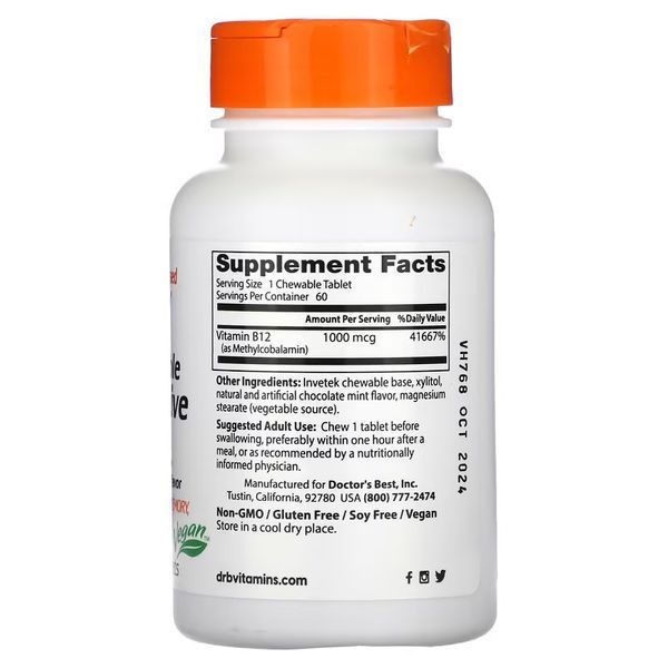 Doctor's Best Chewable Active B12 1,000 mcg 60 таблеток, Шоколад-Мята DRB-00328 фото