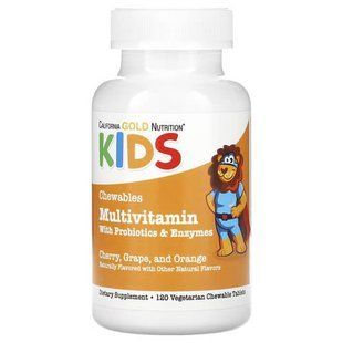 California Gold Nutrition Chewable Multivitamins with Probiotics & Enzymes for Children 120 вегетаріанських жувальних таблеток CGN-02273 фото