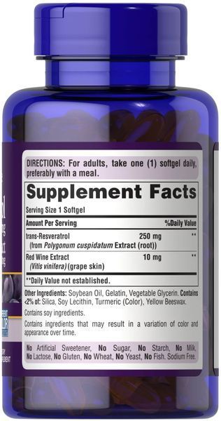 Puritan's Pride Resveratrol 250 mg plus Red Wine Extract 60 рідких капсул 27980 фото