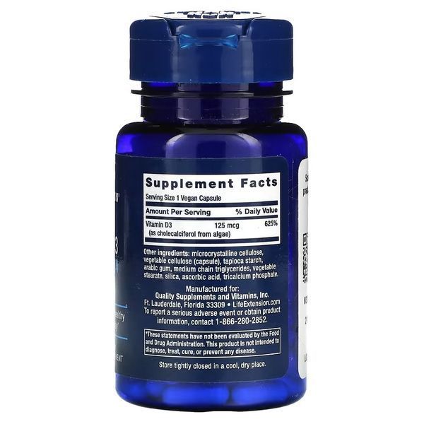 Life Extension Vegan Vitamin D3 125 mcg (5000 IU) 60 рослинних капсул LEX-24226 фото