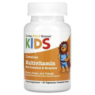 California Gold Nutrition Chewable Multivitamins with Probiotics & Enzymes for Children 60 вегетаріанських жувальних цукерок CGN-02276 фото