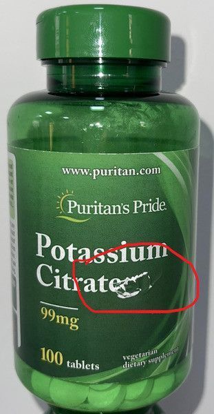 Калій у формі цитрату калію, термін 30.05.2025, Puritan's Pride Potassium Citrate 99 mg 100 табл 007620 фото